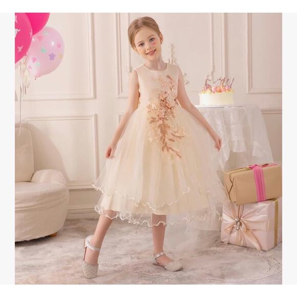 Flower Girl Dress Formal Dress Floral Embroidered Tulle Satin Dress Size 8-9 - Picture 5 of 7